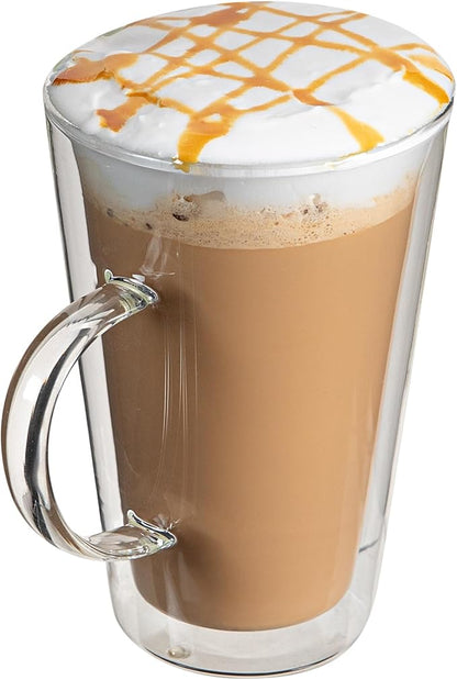 Restaurantware-Forma Professional 13.5 oz Double Wall Glass Mugs, 2 Insulated Coffee Mugs With Handle - Dishwashable, Reusable, Clear Glass Beverage Cups, Freezable, For Hot Or Cold Beverages