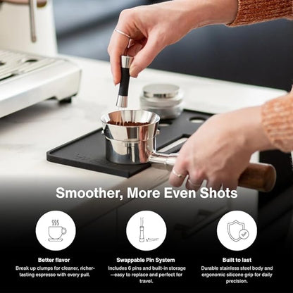 Crema Coffee Products Weiss Distribution Technique (WDT) Tool | Even Coffee Ground Distribution for Better Extraction | Stainless Steel with Silicone Grip | Includes 6 Pins & Storage Vault | Silver