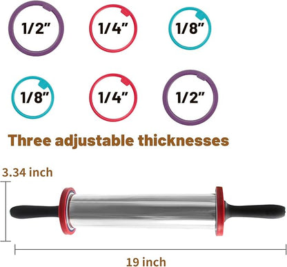 Rolling Pins,Rolling Pin and Silicone Baking Pastry Mat Set,Rolling Pins,Adjustable Stainless Steel Rolling Pin with Thickness Rings for Baking Dough,Pizza,Pie,Pasta