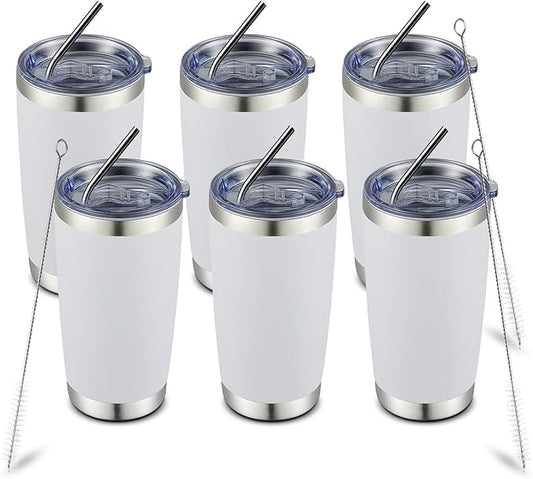 COMOOO 20oz White Tumbler Double Wall Vacuum Insulated Coffee Travel Mug Stainless Steel Tumbler Bulk with Lid and Straw Powder Coated Insulated Coffee Cup for Cold & Hot Drinks (White, 6 Pack)