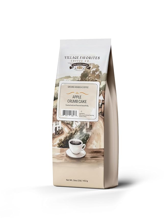 Village Favorites Flavored Coffee – Low Acid, Mold-Free, 100% Arabica, Slow Roasted Medium Roast, Smooth & Stomach Friendly, Ground, 1LB Bag (16oz)- Kosher (16oz, Apple Crumb Cake)