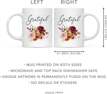 Andaz Press Fall Burgundy Marsala 11oz. Ceramic Coffee Tea Mug, Grateful, 1-Pack, Floral Blooms Graphic, Birthday, Friend, Family, Coworker, Autumn Season, Festive Thanksgiving Ideas