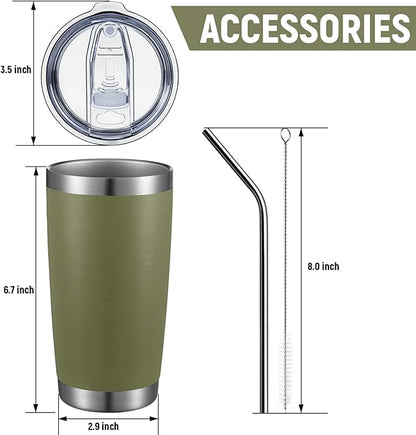 COMOOO 20oz Double Wall Vacuum Insulated Travel Mug, Stainless Steel Tumbler with Lid and Straw Durable Powder Coated Insulated Coffee Cup for Cold & Hot Drinks（Army Green, 6 Pack）
