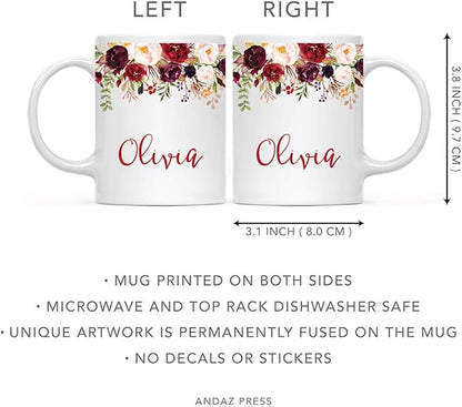 Andaz Press Personalized 11oz. Wedding Ceramic Coffee Tea Mug Bridesmaid Gift, Fall Autumn Marsala Burgundy Flowers Roses Florals, Olivia, 1-Pack, Includes Gift Box, Custom Name