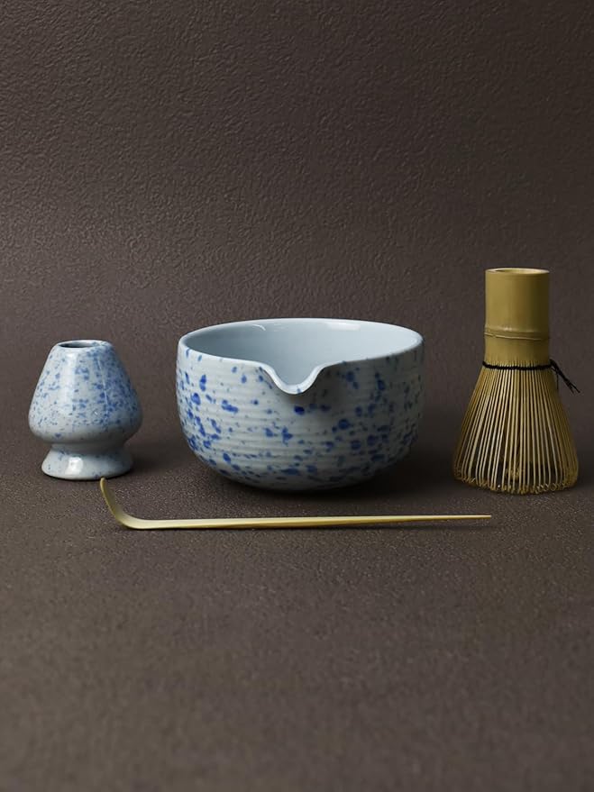 Artcome Matcha Tea Set - Ceramic Matcha Bowl with Pouring Spout, Bamboo Whisk, Whisk Holder, Tea Scoop & Matcha Manual - Complete Traditional Japanese Tea Ceremony Kit for Home, Office, or Gift, Blue