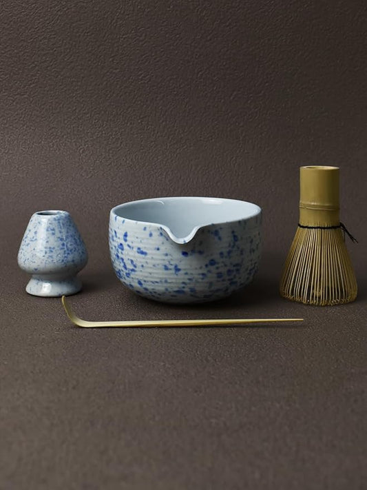 Artcome Matcha Tea Set - Ceramic Matcha Bowl with Pouring Spout, Bamboo Whisk, Whisk Holder, Tea Scoop & Matcha Manual - Complete Traditional Japanese Tea Ceremony Kit for Home, Office, or Gift, Blue