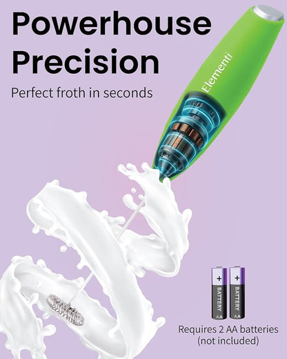 Elementi Milk Frother Wand & Matcha Whisk Set - Powerful Electric Matcha Mixer, Easy to Use Macha Wisk Kit - Craft Effortless Lattes with the Elementi Milk Frother Wand (Lime Green)