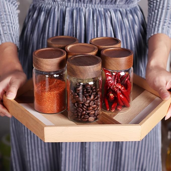SAIOOL 6 Pcs Small Glass Spice Jars with Label,High Sealing Threaded Mouth,with Black Printed Spice Labels - 8.79oz /260ml*6,Empty Cylinder Spices Bottles,Storage Jars with Airtight Screw Lids