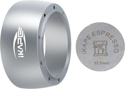 IKAPE Magnetic Dosing Funnel Set, 53MM Espresso Dosing Ring & Puck Screen Kit Compatible with Delonghi 54MM Bottomless Portafilter - with 8 Small Magnet (Silver)