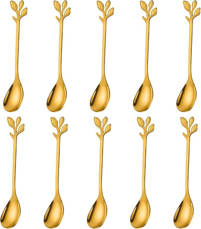 AnSaw Elegant Gold Leaf Coffee Spoons - 10-Piece, 4.7" Mini Stainless Steel Espresso & Dessert Tea Spoons, Perfect for Demitasse & Small Servings