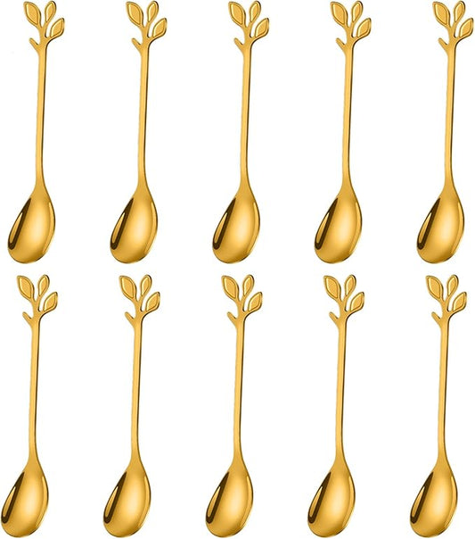 AnSaw Elegant Gold Leaf Coffee Spoons - 10-Piece, 4.7" Mini Stainless Steel Espresso & Dessert Tea Spoons, Perfect for Demitasse & Small Servings