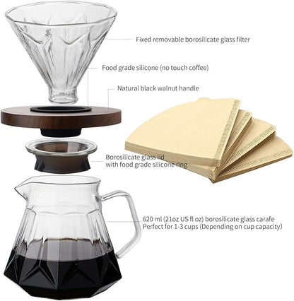 Pour Over Coffee Maker Set, 21 oz/620ml Glass Pour Over Coffee Dripper Filter Coffee Maker Kit Manual Grinder with Walnut Handle for Home Office Cafe Restaurant Camping (Clear)