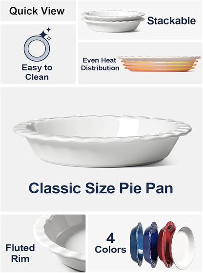 LE TAUCI Ceramic Pie Pans for Baking, 9 Inches Pie Plate for Apple Pie, Round Baking Dish, 36 Ounce Fluted Dish Pie Pan, Set of 2, White