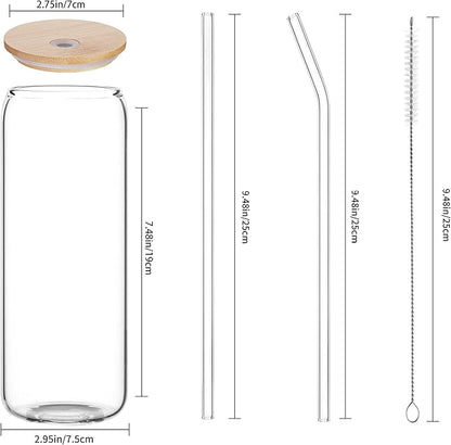 6 Pack 24oz Drinking Glasses Iced Coffee Cups Can Tumbler Glasses with Bamboo Lids and Straws Tumbler Glasses Cups Can Shaped Glass Gups Large Drinking Can Cups for Boba Smoothies Soda Juice Tea