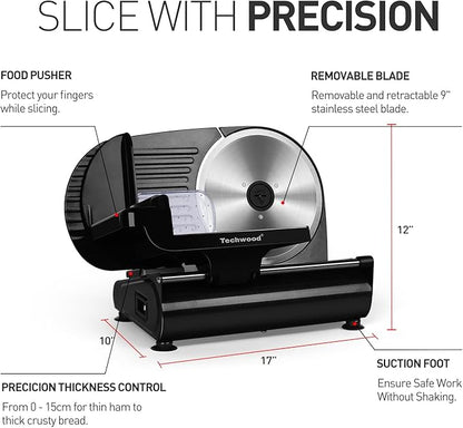 Meat Slicer, Techwood 200W Electric Food Slicer with Removable 9” Stainless Steel Blade, Deli Fruit Vegetable Cutter with Adjustable Knob for Thickness, Food Carriage & Non-Slip Feet, Double Blade