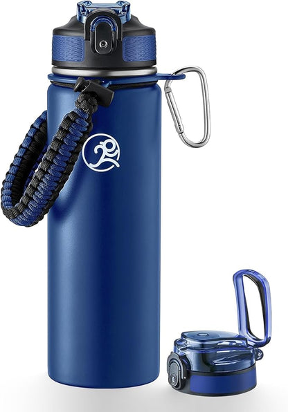 GOSWAG Insulated Sports Water Bottle, 24oz 2 Lids(with Straw/No Straw), Stainless Steel Water Bottles with Paracord Handle, Insulated Bottle with Double-Wall Vacuum Insulation