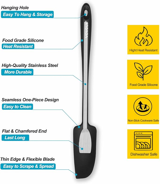 2-Pack Vovoly Silicone Jar Spatulas, Small Seamless Design Rubber Scraper with Stainless Steel Core, Heat Resistant and Non-Stick Mini Spatula for Jars and Blenders, BPA Free,11 IN, Black