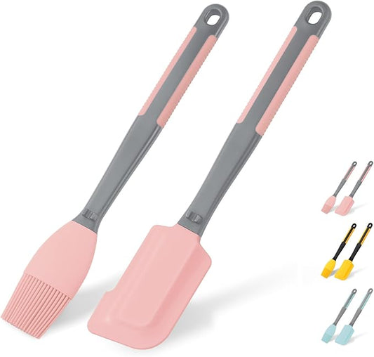 Extra Long Pastry Brush - Silicone Spatula - Basting Brush+Spatula Silicone Heat Resistant,for Baking Scraping Mixing BBQ Grill Kitchen Cooking Spread Oil Butter Sauce (Pink Brush+Spatula)