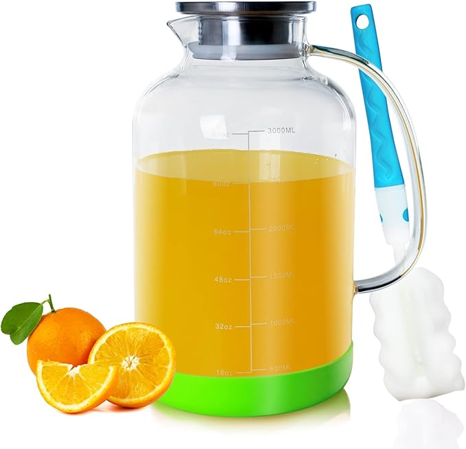 Glass Pitcher with Lid, GOTEBLE 102oz Glass Pitcher with Silicone Case and Brush, Large Capacity Glass Water Tea Pitcher for Juice, Milk, Cold Or Hot Beverages, Large Family and Party