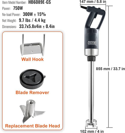 VEVOR Commercial Immersion Blender, 750W 20" Heavy Duty Hand Mixer, Variable Speed Kitchen Stick Mixer with 304 Stainless Steel Blade, Multi-Purpose Portable Mixer for Soup, Smoothie, Puree, Baby Food