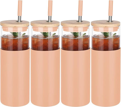 Glass Tumbler w/Lids & Straw:24oz Reusable Mug w/Bamboo Lid,Stainless Steel Straw, BPA-Free, Leak-Proof, Dishwasher Safe for Coffee, Smoothies, Hot Beverages,Travel,Office,Home Use,4-PK,Amber