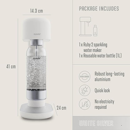 Mysoda Ruby 2 Sparkling Water Maker - Soda Streaming Machine Silent Carbonated Water Machine Robust Long-Lasting Aluminium Soda Maker 1L Water Bottle Without CO2 Cylinder - Colour White Soda Machine