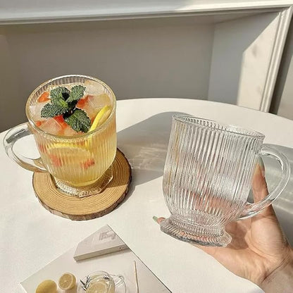 Clear Ribbed Glass Coffee Mugs Set of 4 with Spoon,16 Oz Large Glass Tea Cups with Handle Diner Latte Cups with Footed Base for Hot Beverages,Cappuccino & Espresso Cups, Stylish Drinkware