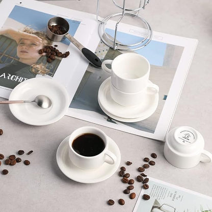 Sweejar Porcelain Espresso Cups with Saucers, 2.5 Ounce Stackable Cappuccino Cups with Metal Stand for Coffee Drinks, Latte, Tea - Set of 4 (Black)