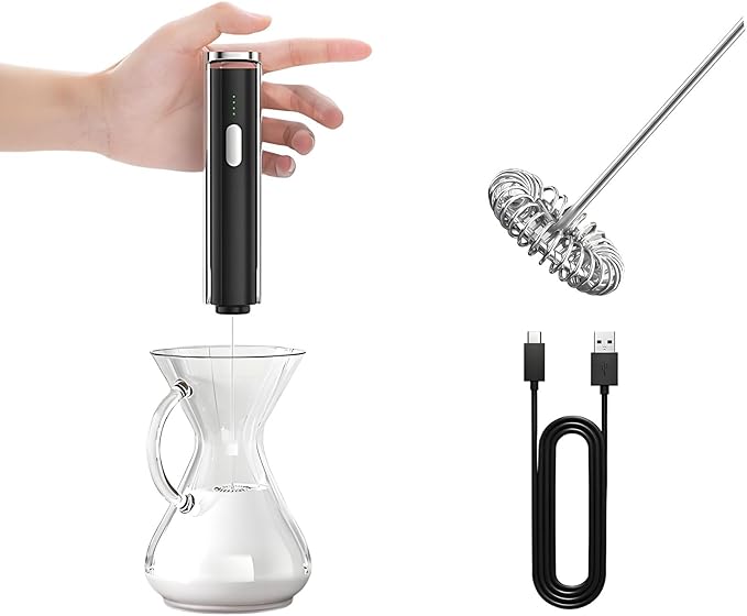Electric Milk Frother Handheld & Stand, Rechargeable with Detachable Whisk - Fast Foam Maker for Latte, Cappuccino, Hot Chocolate, Egg – Black
