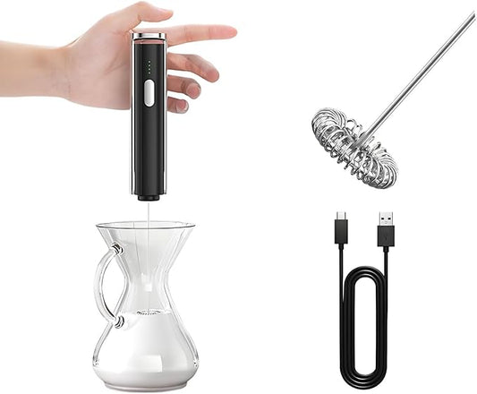 Electric Milk Frother Handheld & Stand, Rechargeable with Detachable Whisk - Fast Foam Maker for Latte, Cappuccino, Hot Chocolate, Egg – Black