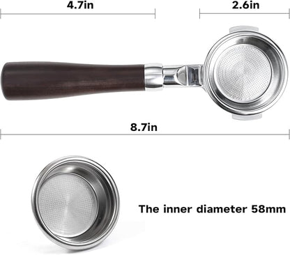 58mm Bottomless Portafilter with Double Shot Filter Basket & Wood Handle for Breville Oracle, Oracle Touch, Dual Boiler BES980XL BES990BSS BES920XL Espresso Machine