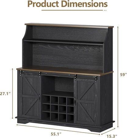 55 Inch Farmhouse Coffee Bar Cabinet with 3-Tier Storage, Kitchen Hutch with 12 Wine Racks & 3 Glass Holders, Coffee Bar with 6 Hooks, Wine Bar Cabinet for Dining Living Room, Black