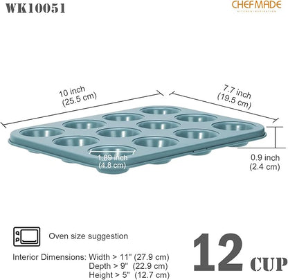 CHEFMADE Mini Muffin Cake Pan, Nonstick 12 Cavity Mini Muffin Bakeware Cupcake Pan for oven Baking（Green）