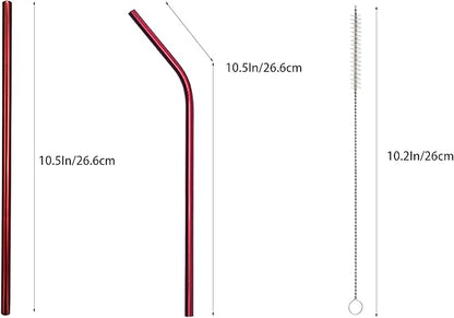 10 Pcs Stainless Steel Straws, Reusable Drinking Straws, 5 Straight + 5 Bent Metal Straws Set With 2 Pcs Cleaning Brushes (Red, 10.5 Inch)