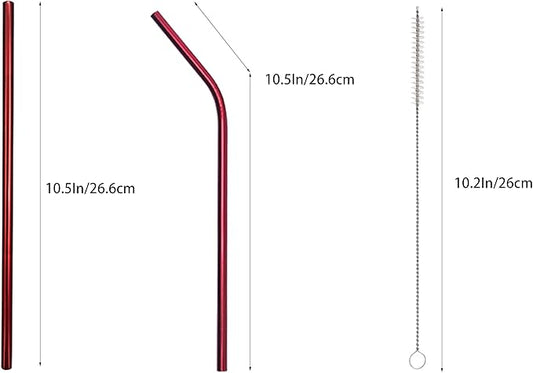 10 Pcs Stainless Steel Straws, Reusable Drinking Straws, 5 Straight + 5 Bent Metal Straws Set With 2 Pcs Cleaning Brushes (Red, 10.5 Inch)