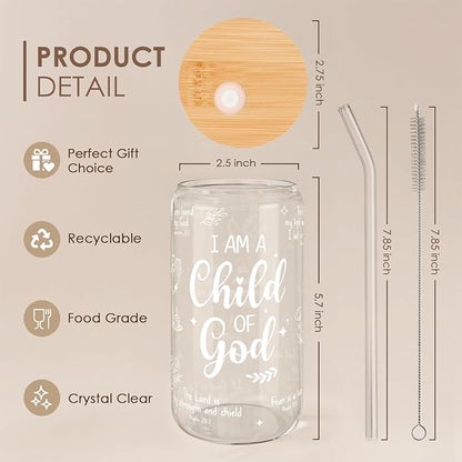 SANDJEST Christian Glass Can, I am Child of God Cup with Lid & Straw, Iced Coffee Aesthetic Cups, Idea Gift for Christmas Birthday, Gifts for Women, 16oz