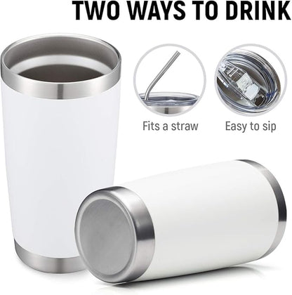 COMOOO 20oz White Tumbler Bulk with Straw Stainless Steel Insulated Coffee Tumbler Cups Double Wall Vacuum Travel Coffee Mug with Splash Proof Sliding Lid for Hot Cold Drinks (White, 4 Pack)