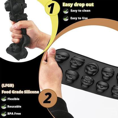 10 Cavity Skull Chocolate Molds,Halloween Silicone Skull Candy Mold for Jelly Crayon Resin, Pack of 2