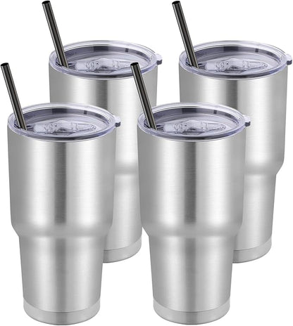 DOMICARE 30 oz Tumbler with Lid and Straw, Stainless Steel Tumblers Bulk, Insulated Vacuum Double Wall Travel Coffee Mug, Durable Powder Coated Tumbler Cups (Stainless Steel, 4)