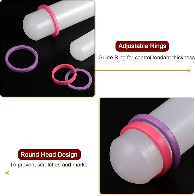 HARFINGTON Fondant Rolling Pin 9 Inch x 0.98 Inch Adjustable Guide Rings Non-Stick PP Plastic Fondant Roller Dough Roller Kitchen Decorating Tools for Cookie Pastry Pizza Clay