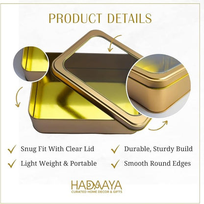 Gold Metal Tin Box With Clear Lid – Multipurpose Tin Storage Container for Cookies,Jewelry, Crafts, Pills, Gifts, Pencils and More - 7.25 x 5.25 x 2.25 Inches