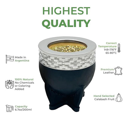 Premium Argentina-Uruguay Yerba Mate Cup and Bombilla Set, Organic Gourd Tea Mug with Steel Straw (Bombilla) and Cleaning Brush, Handcrafted for Loose Leaf Yerba Mate Tea - Imperial Version