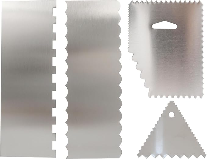 4 PCS Cake Scraper, Stainless Cake Smoother, Icing Smoother, Side Pattern Edge Stripes with Smooth Edges for Pastry Cutting and Mousse Cream Cake Decoration