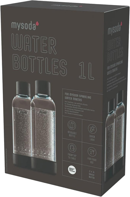 Mysoda Carbonating Bottles 2Pck 1L - Compatible with MySoda and any brands - Lid and Base Made of Wood Composite - Quick-Lock Reusable Bottles - BPA Free - Black