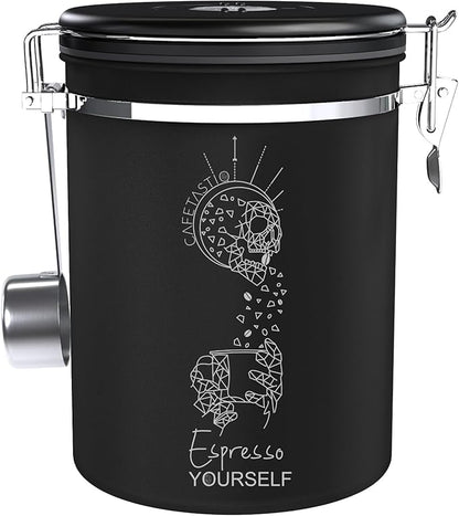 Coffee Canister – Airtight Stainless Steel Storage Container with Date Tracker & Scoop, Sealed Jar for Grounds, Beans, Tea, Flour, Cereal, and Sugar (Black Esspresso, 22OZ)