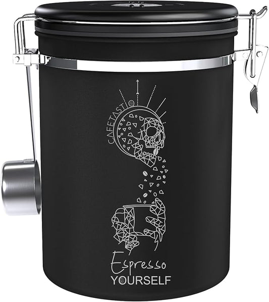 Coffee Canister – Airtight Stainless Steel Storage Container with Date Tracker & Scoop, Sealed Jar for Grounds, Beans, Tea, Flour, Cereal, and Sugar (Black Esspresso, 22OZ)
