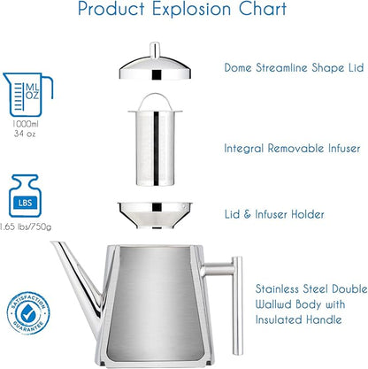 Easyworkz Stainless Steel Double Wall 34 oz Tea Pot with Removable Tea Infuser, Perfect for Brewing Your Favorite Tea, Chrome