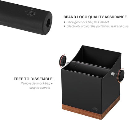 CrossCreek Coffee Knock Box | 2.5L Large Espresso Grounds Container | Metal & Walnut Wood | Removable Silicone Knock Bar & Non-Slip Base | Espresso Accessories for Coffee Bar | Black