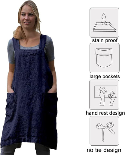 ZQFFB Pinafore Cross Back Apron for Women with Pockets Japanese Smock for Work Gardening Cooking Painting Baking