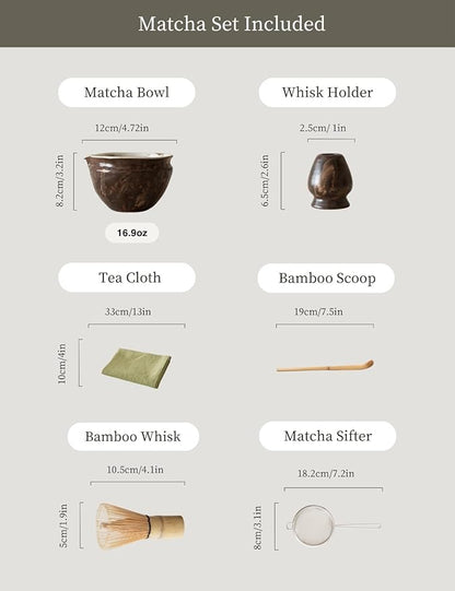 6-pcs Japanese Matcha Whisk Set with Handmade Wabi-Sabi Ceramic Bowl(Chawan),Bamboo Chasen, Whisk Holder, Scoop, Sifter & Tea Towel,Matcha Ceremony Kit,(Silent taupe)